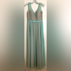 Mori Lee Madeline Gardner bridesmaid dress mint / nude lace and chiffon